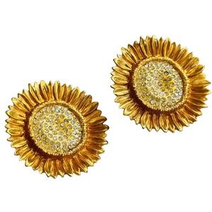 VTG MISH signed Sunflower 80s clip Earrings statement Crystal Gold Jeweled